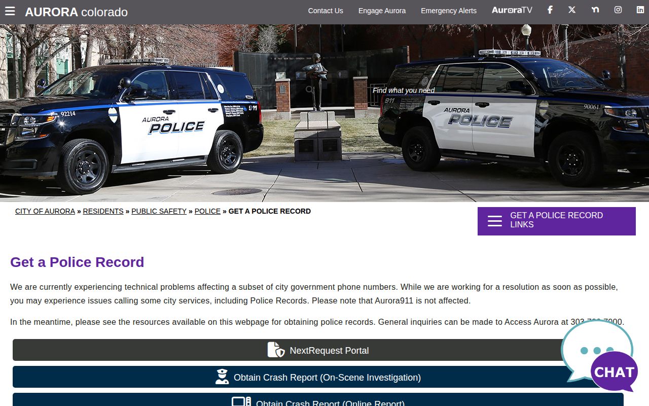 Aurora Police records request page for Aurora arrest and booking records