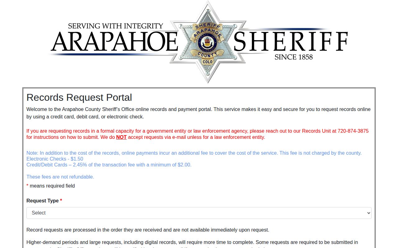 Arapahoe County booking photo and custody record request portal