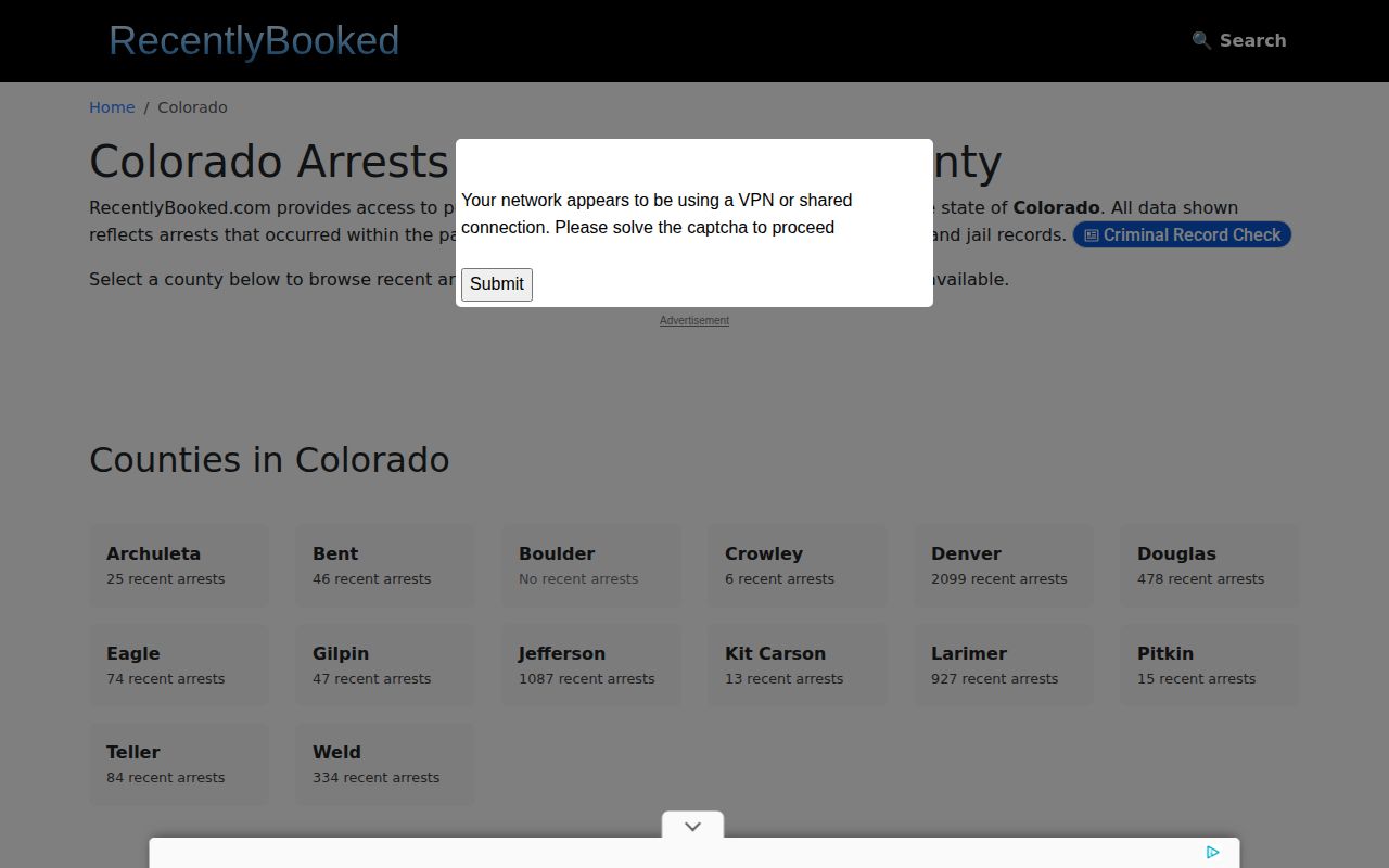 Unofficial Colorado booking index without Arapahoe County coverage